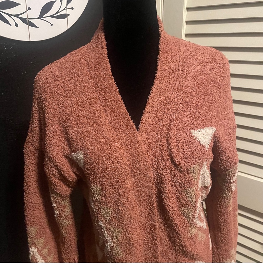 New In Rust Aztec Open Front Cardigan Sweater Women’s Small Cozy Knit - Picture 2 of 7
